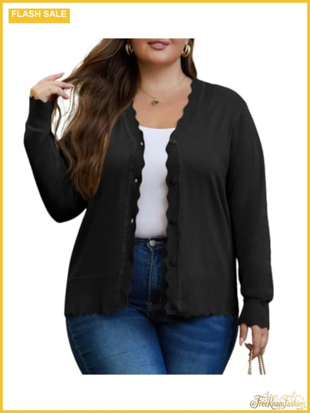 Plus Size Long Sleeve Knit Cardigan Wave Edge Loose Fit